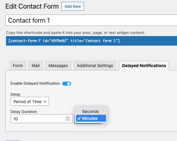 A screenshot of our plugin settings, allowing emails from contact form 7 to be delayed. Contact Form 7 delayed notifications