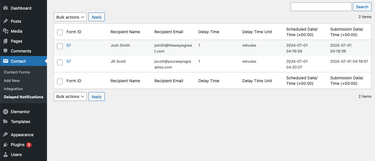 A screenshot of our plugin's delayed notification screen, allowing emails from contact form 7 to be delayed. Contact Form 7 delayed notifications